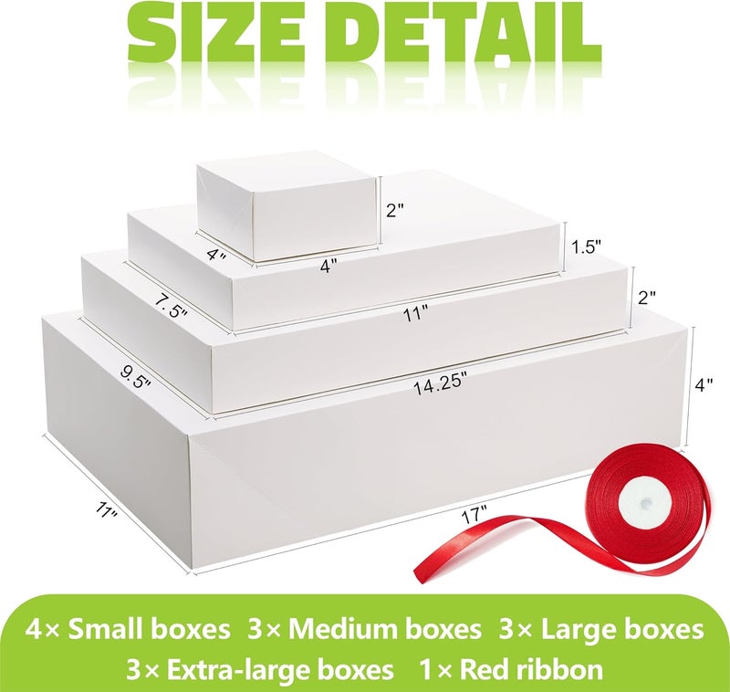 Bobobag 13 Pack White Gift Boxes with Lids for Presents, Assorted size Gift Boxes for Christmas ( 3 Extra large 17",3 Large 14.25",3 Medium 11",4 Small 4" ,Red Ribbon ), 4 inch Deep Box for Wrapping Robe Scarf Mug. - Image 2